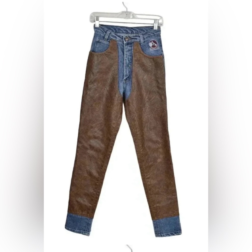 Vintage Cottage Craft Denim Leather Patch Jeans Blue Brown Western Cowboy Sz 24